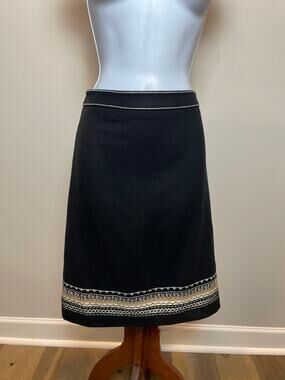 Talbots Black Neutral Embroidered Hem Wool‑Blend Skirt Size 10